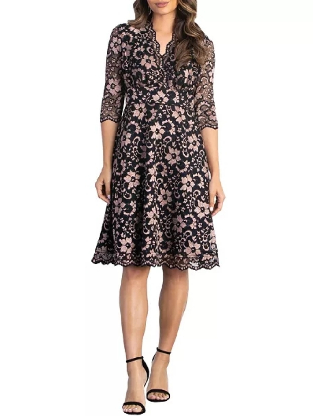 Kiyonna Mon Cherie Black Rose Gold Floral Lace Cocktail Midi Dress Plus Size 2X